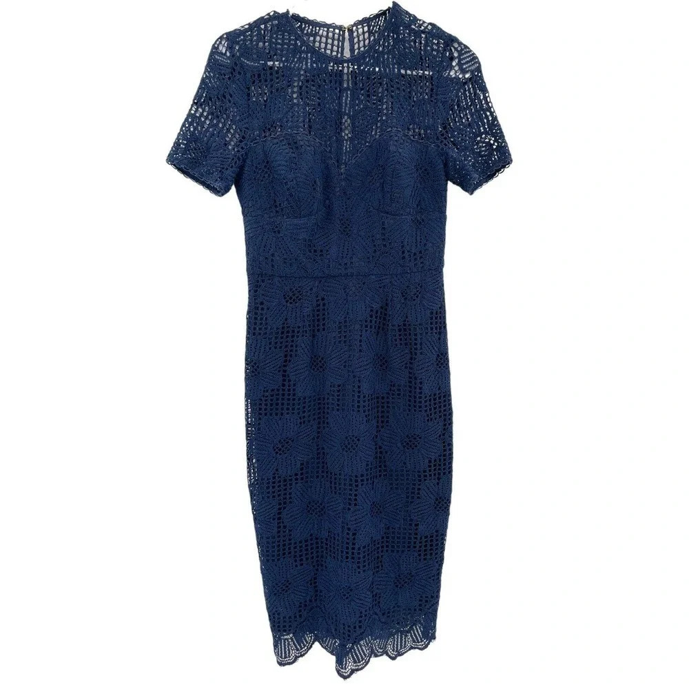 Trina Turk Women's Navy Blue Lace Sheath Dress Short Sleeve Back Zip Size 2 - Picture 2 of 13